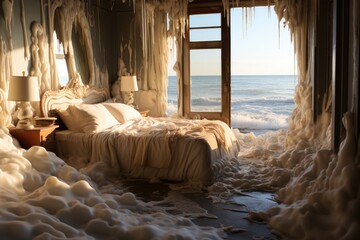 Whimsical Dreamscape: Unveiling the Enigmatic Blend of a Bedroom Melting with the Ocean