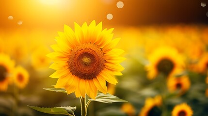 Obraz premium Sunflower field with sunflowers at sunset, Nature background