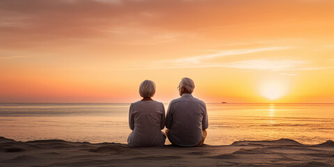 Senior couple sitting on the sandy beach and looking at the sea sunset. Meet old age at the seaside, a tourism concept.  - obrazy, fototapety, plakaty