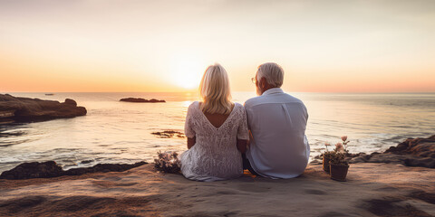 Senior couple sitting on the sandy beach and looking at the sea sunset. Meet old age at the seaside, a tourism concept. 
