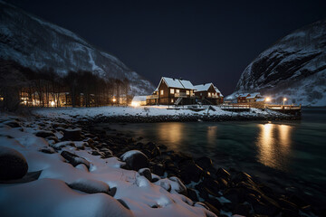 Northern Magic: A Snowy Nordic Village Illuminated by the Enchanting Aurora Borealis, ai generative