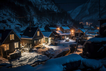 Winter's Magic Unveiled: A Snowy Village Nestled Amidst Majestic Mountains under Starlit Skies, ai generative