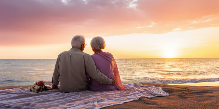 Senior Couple Sitting On The Sandy Beach And Looking At The Sea Sunset. Meet Old Age At The Seaside, A Tourism Concept. 