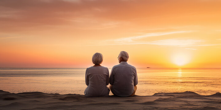 Senior Couple Sitting On The Sandy Beach And Looking At The Sea Sunset. Meet Old Age At The Seaside, A Tourism Concept. 