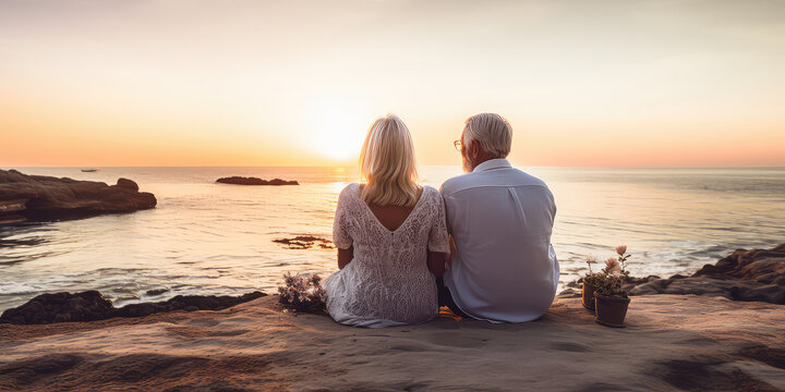 Senior Couple Sitting On The Sandy Beach And Looking At The Sea Sunset. Meet Old Age At The Seaside, A Tourism Concept. 