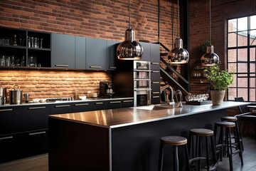 Urban kitchen with exposed brick walls. Glossy black cabinets contrast against the red brick
