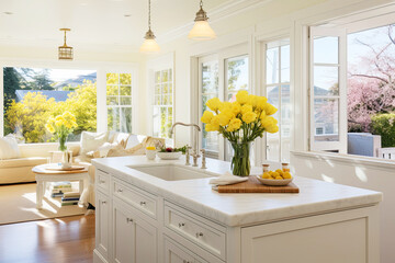 Design an open and airy kitchen with pale yellow walls and windows