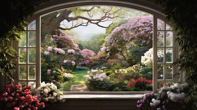  a painting of a garden with flowers and a path through the window.  generative ai