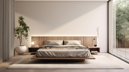  a large bed sitting in a bedroom next to a window.  generative ai