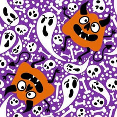 Halloween monsters seamless pumpkins and ghost and bones pattern for wrapping paper and fabrics and linens