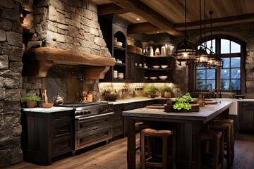 Rustic kitchen with stone walls and a reclaimed wood ceiling. Dark cherry cabinets