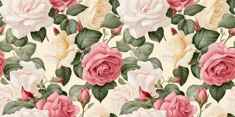 Roses, gardenias seamless pattern with a memento of leaves on antique fabric background. Concept: Remembered blooms and foliage