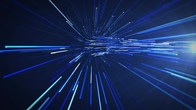 Electric High Speed Light Trail Tunnel, Colorful blue speed line of light coming toward front of the screen