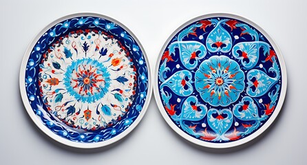 Ceramic plates with patterns on a white background, close-up