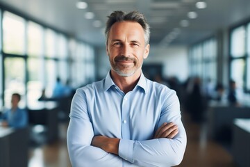 Fototapeta premium Businessman standing in office. Confident Happy middle aged businessman with arms crossed pose. Good-looking middle-aged businessman