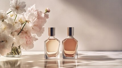 A fashionable array of perfume mixtures showcased in elegant bottles, accompanied by blooming flowers, captured in a graceful and tender pink-toned illustration. - obrazy, fototapety, plakaty