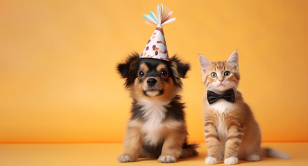 Cute cat and dog donning funny party clothes, captured in front of a vivid and colorful background, adding a touch of whimsy and cheer to the scene with their delightful outfits. - 636794442