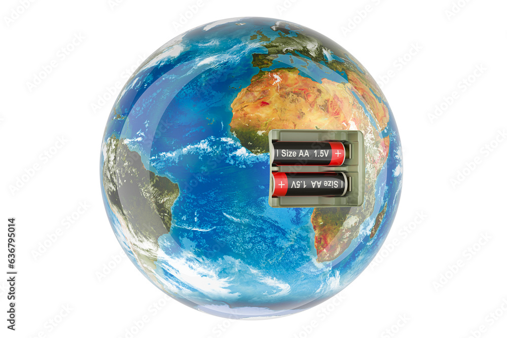 Aufkleber earth globe with batteries inside. renewable energy concept. 3d rendering isolated on transparent ba