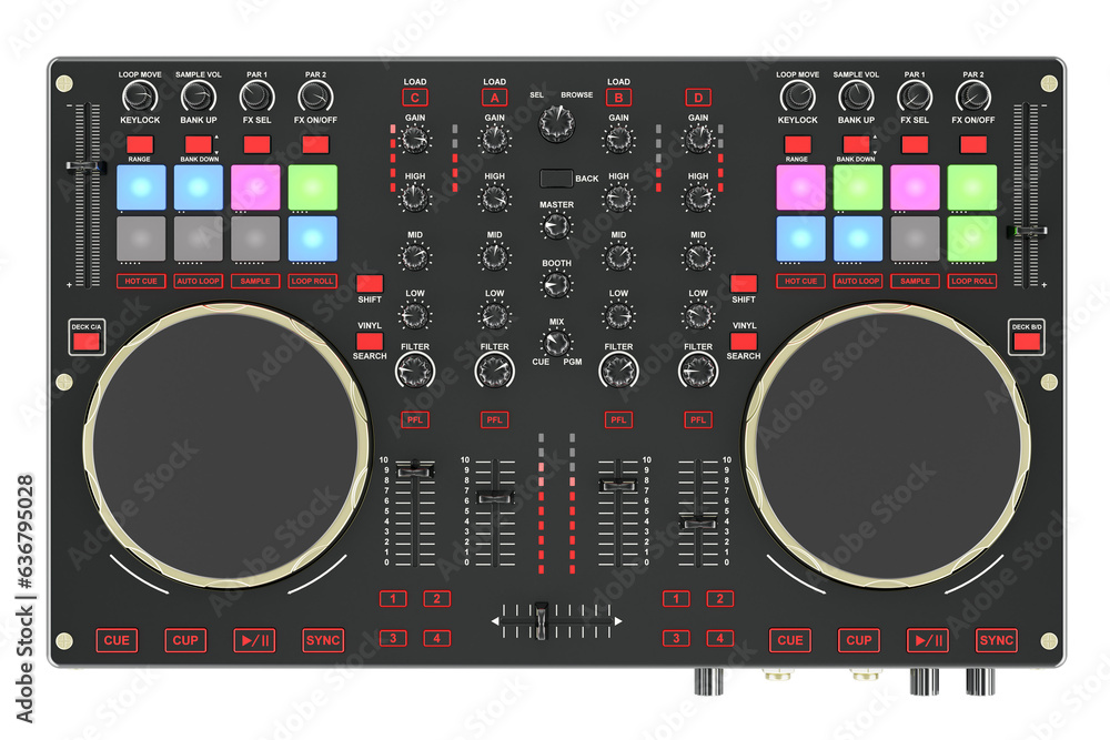 Poster digital dj controller, dj console. 3d rendering isolated on transparent background