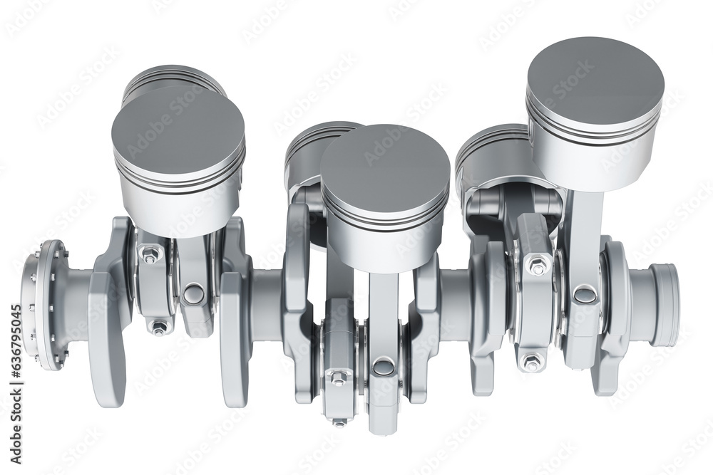 Poster v6 engine pistons and cog, side view. 3d rendering isolated on transparent background