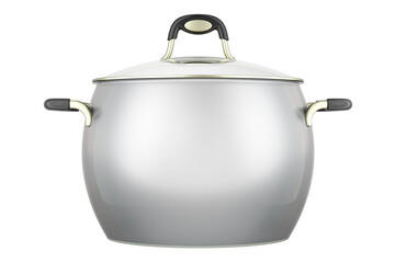 Big stainless steel stock pot with glass cover, 3D rendering isolated on transparent background