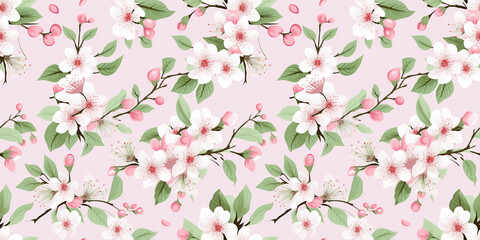 Obraz na płótnie Canvas Seamless pattern with green foliage, cherry blossoms in dusty pink tones. Concept: Whispering blooms and leaves