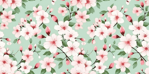 Seamless pattern of pink cherry blossoms, green leaves. Concept: Soft floral springtime