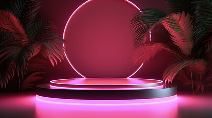 Obraz premium Leeres rundes Podium mit Neonlichtern und Palmen für Produktpräsentationen. Produkt-Mockup Neon. Gaming, Elektronik, Technologie und andere Kategorien.