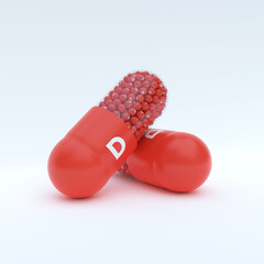 Vitamin D With Red Capsule, Granules and White Background