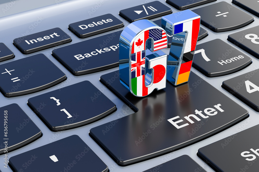 Poster g7 on laptop keyboard. 3d rendering