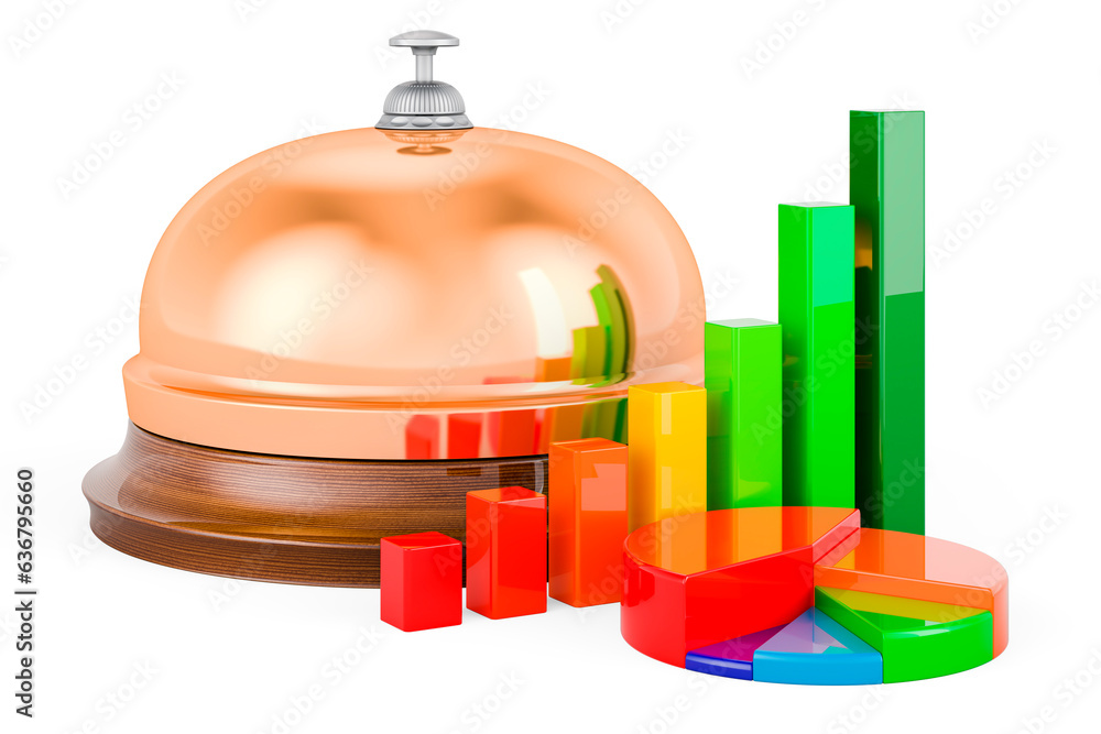 Poster reception bell with growth bar graph and pie chart, 3d rendering