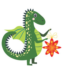 Fototapeta premium Year of the Dragon 2024, Chinese calendar. Cute green christmas dragon in santa hat