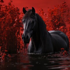 The portrait of a black stallion horse in the red. Powerful image.