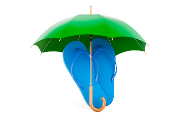 Blue flip-flops under umbrella, 3D rendering