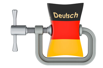 German language textbook squeezed in a clamp. Intensive courses of German language, concept. 3D rendering isolated on transparent background