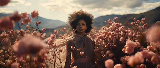 editorial shot an african american woman with natural hair in a glamourous ballgown standing in a field of pink blooming flowers