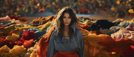 editorial shot of a brunette model of color in a colorful landscape of clothes - obrazy, fototapety, plakaty