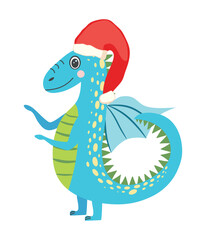 Year of the Dragon 2024, Chinese calendar. Cute green christmas dragon in santa hat