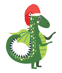 Year of the Dragon 2024, Chinese calendar. Cute green christmas dragon in santa hat