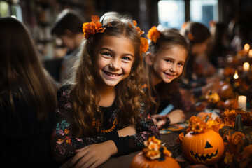 Obraz na płótnie Canvas Cute little children celebrate Halloween with fun in school or kindergarten, Halloween party