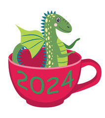 Year of the Dragon 2024, Chinese calendar. Cute dragons and inscription 2024