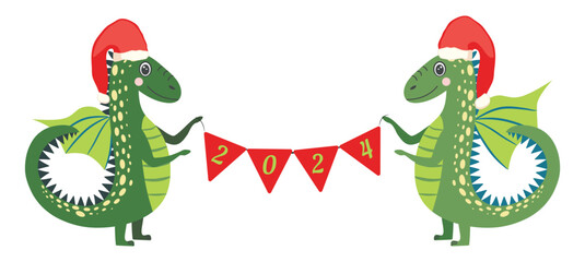 Year of the Dragon 2024, Chinese calendar. Cute dragons and inscription 2024