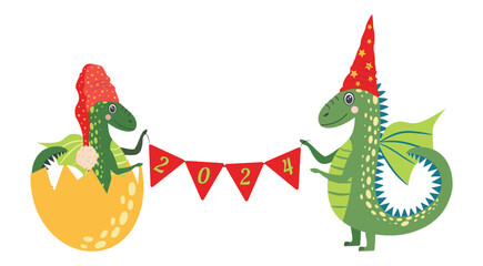 Year of the Dragon 2024, Chinese calendar. Cute dragons and inscription 2024