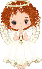 Vector Cute Girl Angel Holding Cross, Praying