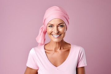 Middle-aged woman wearing a pink turban after cancer treatment, on a pink background.