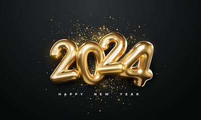 Realistic 2024 golden numbers and festive confetti on black background. Vector holiday illustration. Happy New 2024 Year. New year ornament. Decoration element with tinsel - 636797623