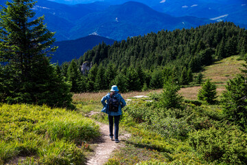 Fototapeta premium Girl from the back hiking with a leather bag in the mountains summer