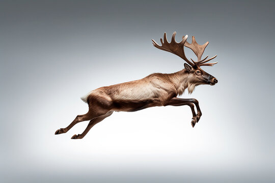 Caribou isolated on a white background jumping. Animal right side view portrait.