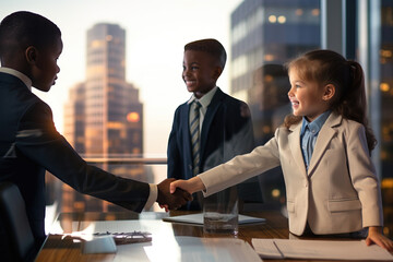 Diverse multicultural children in a business environment boardroom in suits, shaking hands on a business deal with tall buildings 