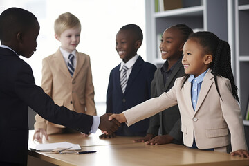 Diverse multiculture children in a business environment boardroom in suits, shaking hands on a business deal